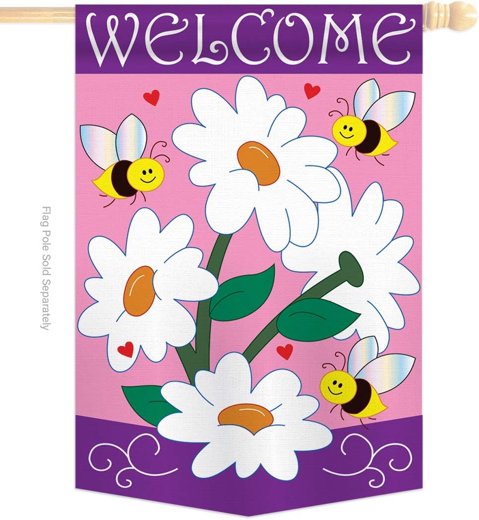 Two Group HS104060-P2-03 Daisies Spring Floral Applique Decorative Vertical 28" x 44" Double Sided House Flag Set Wood Dowel with String Hardware
