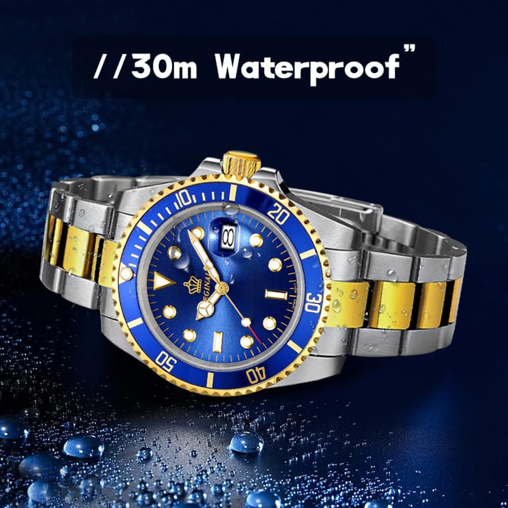 FANMIS Men's Two-Tone Stainless Steel Quartz Watch, Rotating Bezel and Date | Green Dial, Luminous Hands and Markers, Magnified Date Window, Fold-Over Safety Clasp, 30M Water Resistant for Everyday Wear.