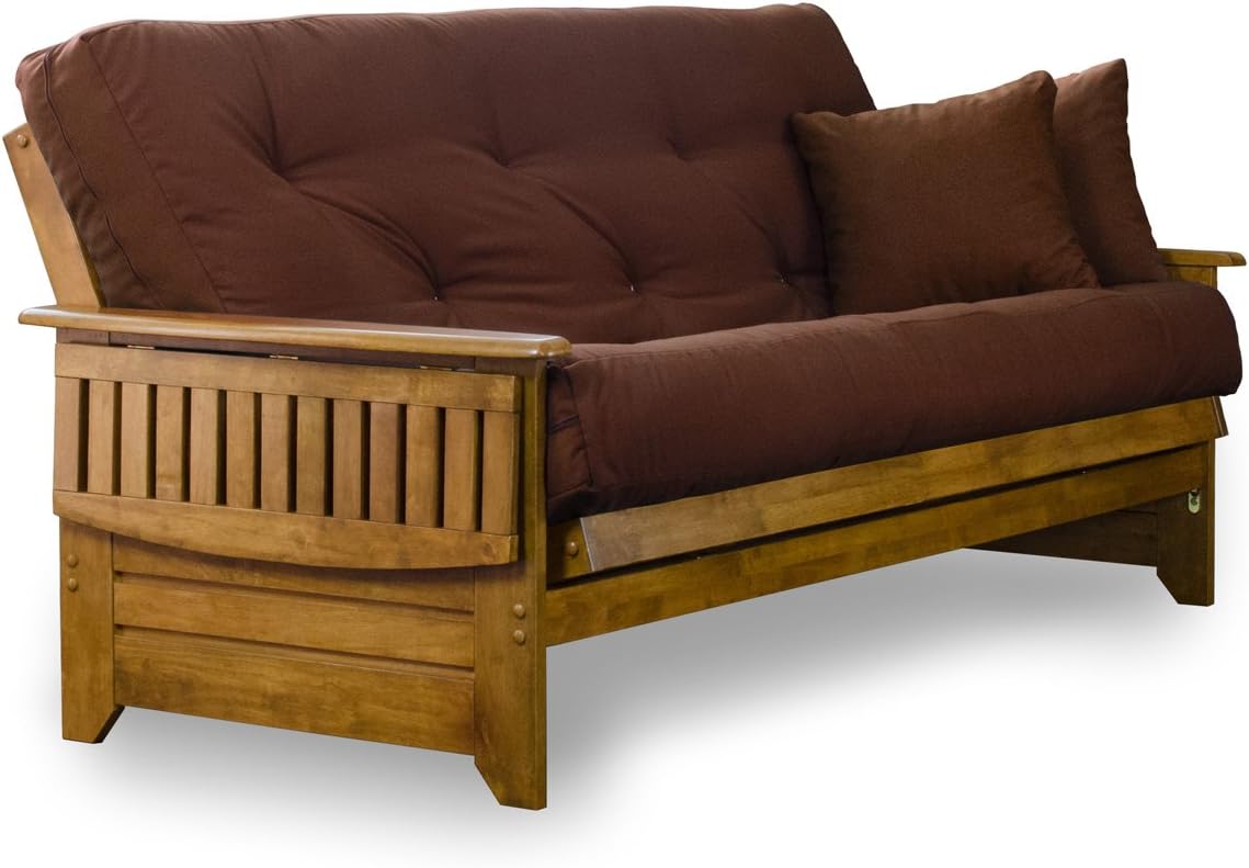 Brentwood Tray Arm Futon Sofabed Set - Queen Frame, 8" Microfiber Fudge Mattress, Heritage Finish