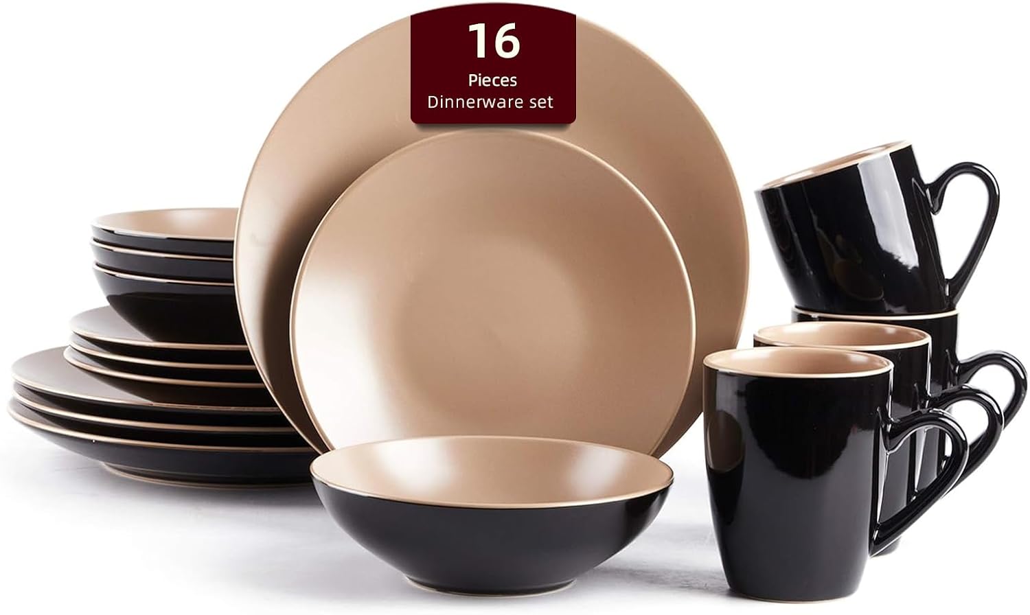 Stoneware Two-Tone Colors Life 16pc Dinner Set，Outside Shiny Black + Inside Matte Glaze Olive
