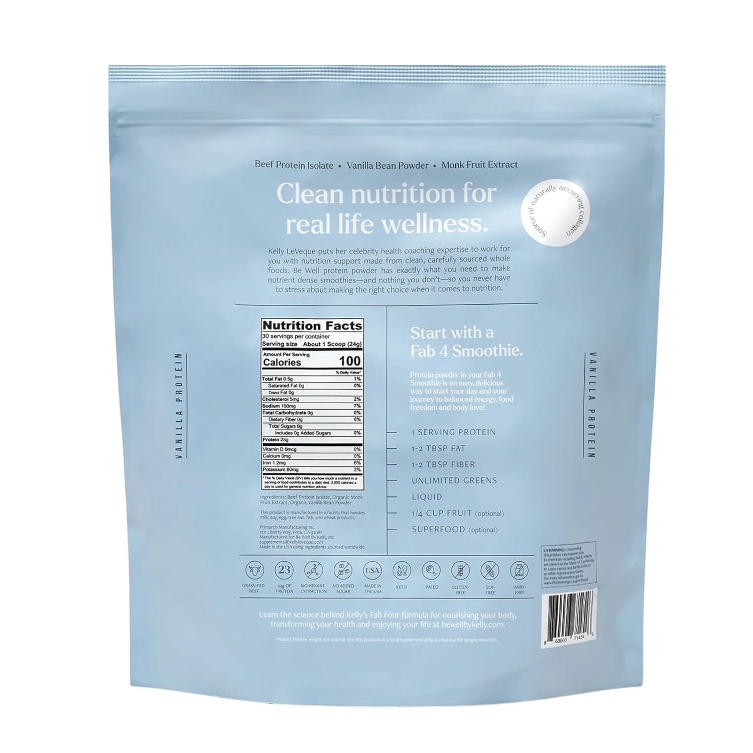 Be Well by Kelly Grass Finished Beef Protein Powder Vanilla Flavor