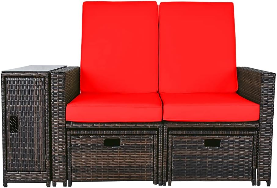 5PCS Outdoor Wicker Chaise Lounge Chair - Rattan Adjustable Reclining Patio Lounge Chair with Ottoman and Coffee Table