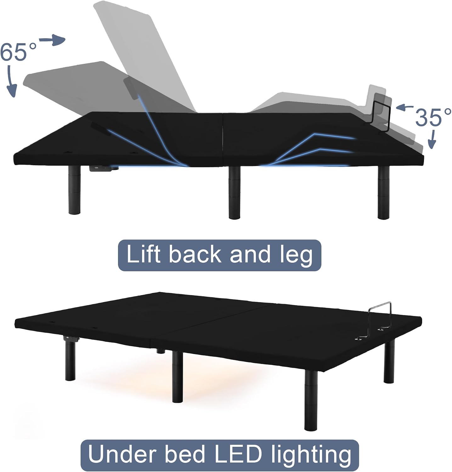Fromann Adjustable Electric Twin XL Bed Base Frame with Massage, USB Type-C Ports, Zero Gravity, Under Bed Led Lighting and Three Leg Height (Black)