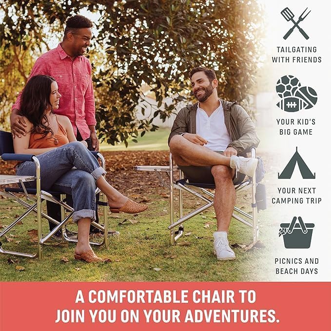 PICNIC TIME Sports Chair with Side Table and Armrest Caddy, Lightweight Aluminum Folding Outdoor Camping Chair for Adults, Portable Director Style Lawn Seating with Pockets & Carry Strap, (Navy Blue)