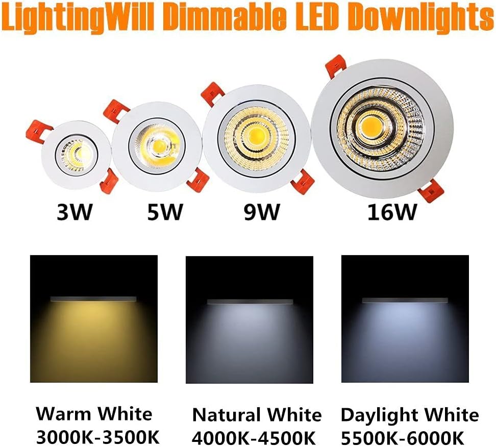 LightingWill 2inch LED Dimmable Downlight, 3W COB Recessed Ceiling Light, Warm White 3000K-3500K, CRI80, 25W 220LM Halogen Bulbs Equivalent, White (4 Pack)