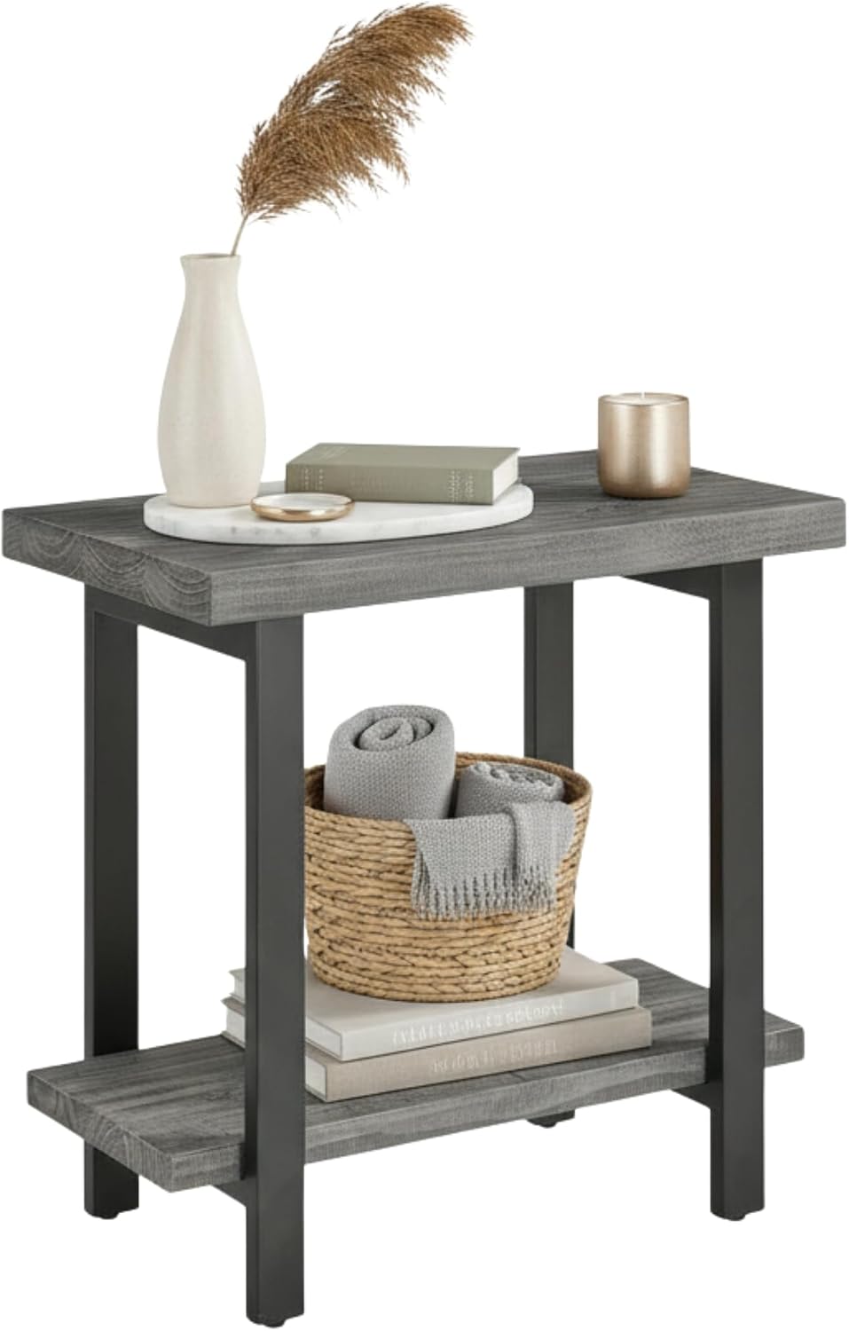 Alaterre Furniture Pomona Solid Wood 2-Tier End Table, Rustic Brown, 27” | Nightstand with Storage Shelf and Metal Legs, Industrial Farmhouse Chair Side Table for Living Room or Bedroom