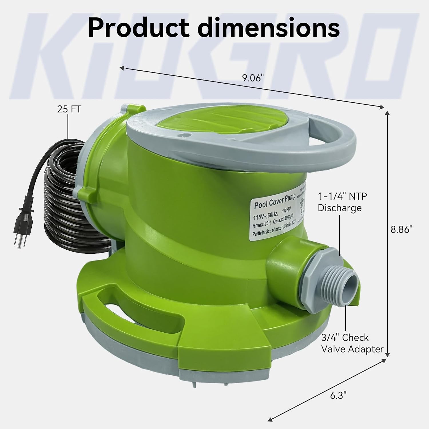 1/4 HP Automatic Swimming Pool Cover Pump, Submersible Sump Pump | 1800 GPH 25FT Head Submersible Sump Pump with 3/4” Check Valve Adapter