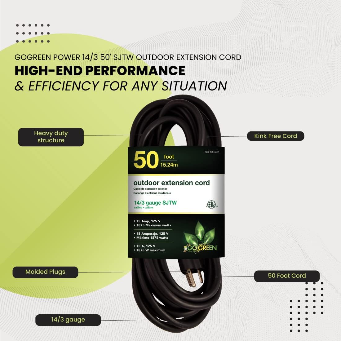 Go Green Power Inc. (GG-14025) 12/3 SJTW Outdoor Extension Cord, Lighted End, 25 ft