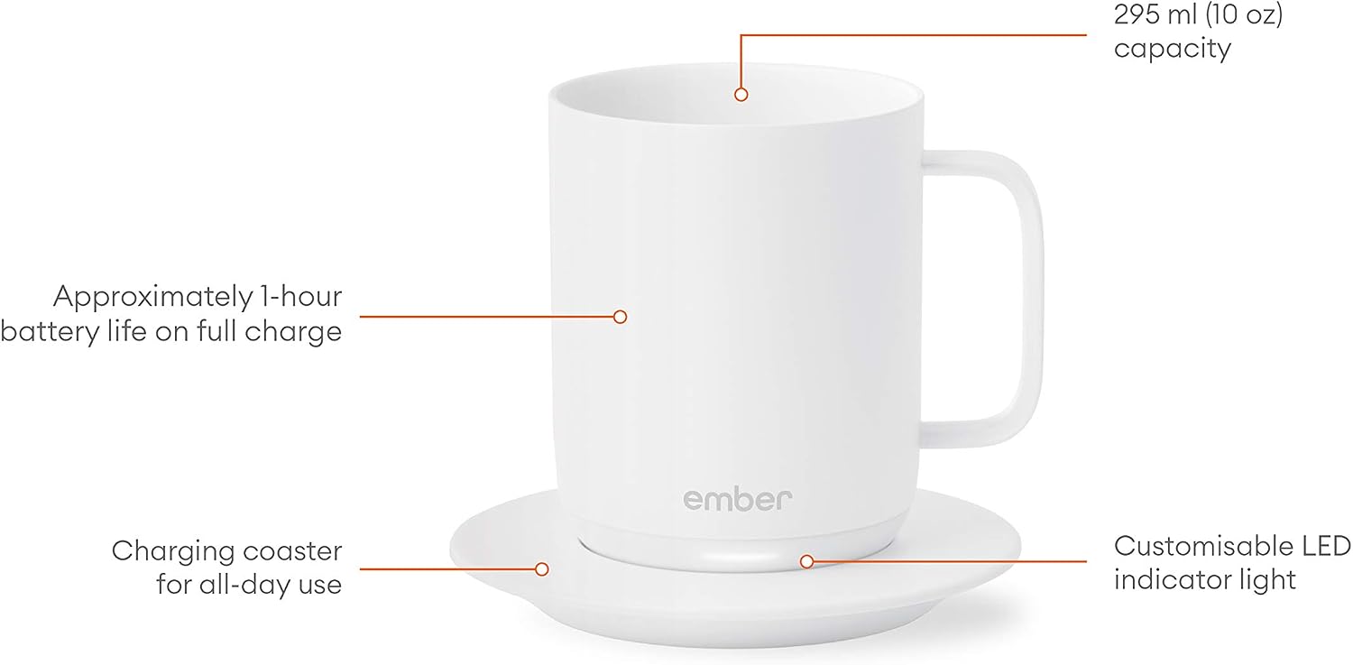 Ember Temperature-Control Smart Mug, 10 Ounce, 1-hr Battery Life, White - App-Controlled Heated Coffee Mug