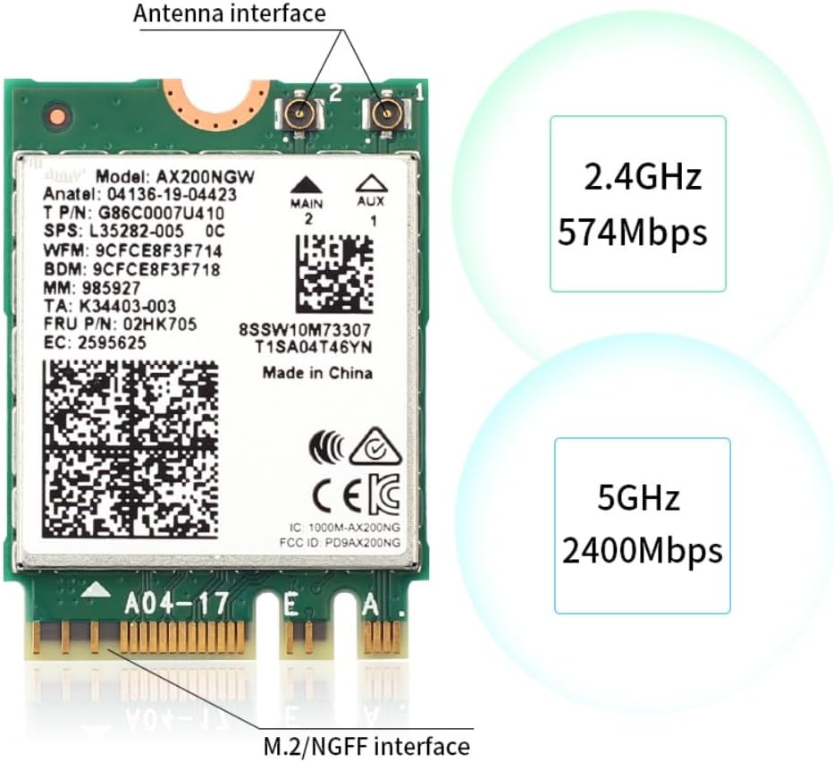WiFi 6 AX200NGW Laptop Upgrade Card 3000Mbps Bluetooth 5.2 M.2 2230