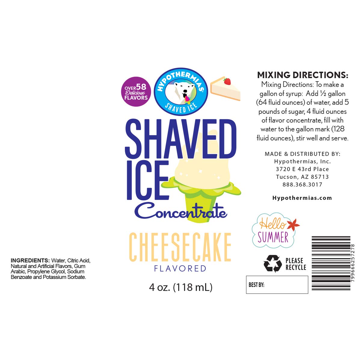 Hypothermias Shaved Ice and Snow Cone Syrup Unsweetened Flavor Concentrate - 4 Fl Oz - Makes 1 Gallon of Ready to Use Syrup - Cheesecake - Must Add