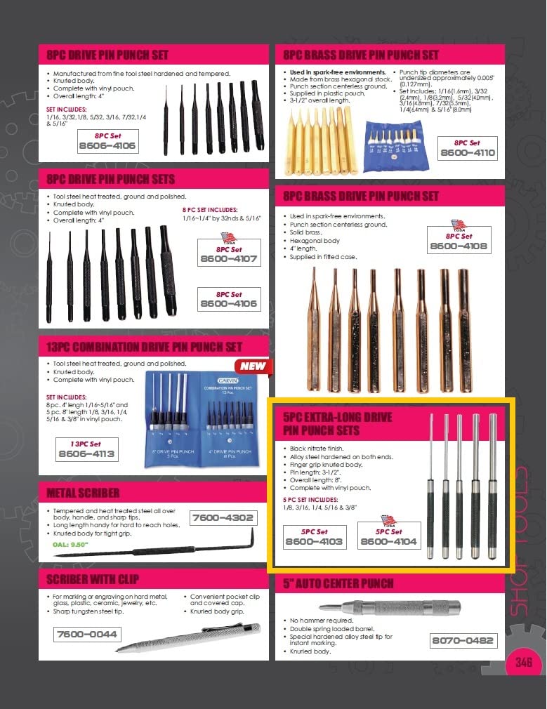 HHIP 8600-4103 5 Piece Extra-Long Drive Pin Punch Set with Black Nitrate Finish, 8" Overall Length