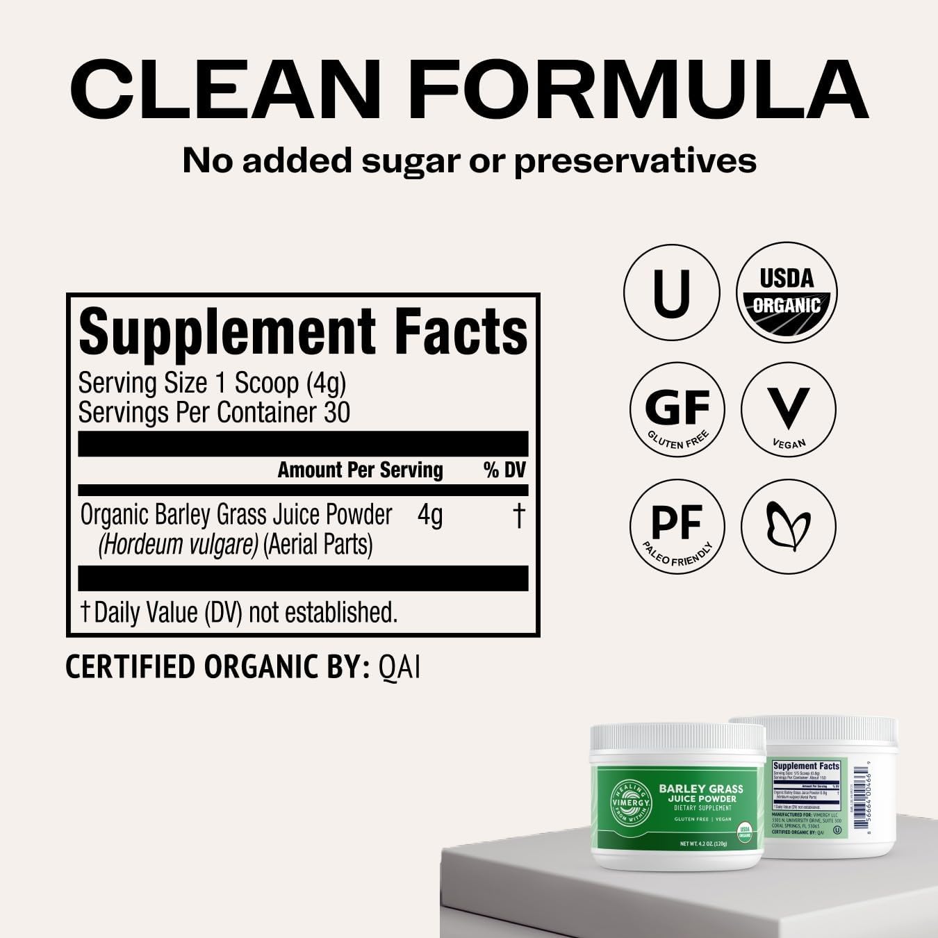 Vimergy Barley Grass Juice Powder, Organic Superfood, 250g, 63 Servings | Clean Nutrient-Dense Superfood*, Powerful Antioxidants for Cardiovascular Health*, Vegan, Gluten-Free
