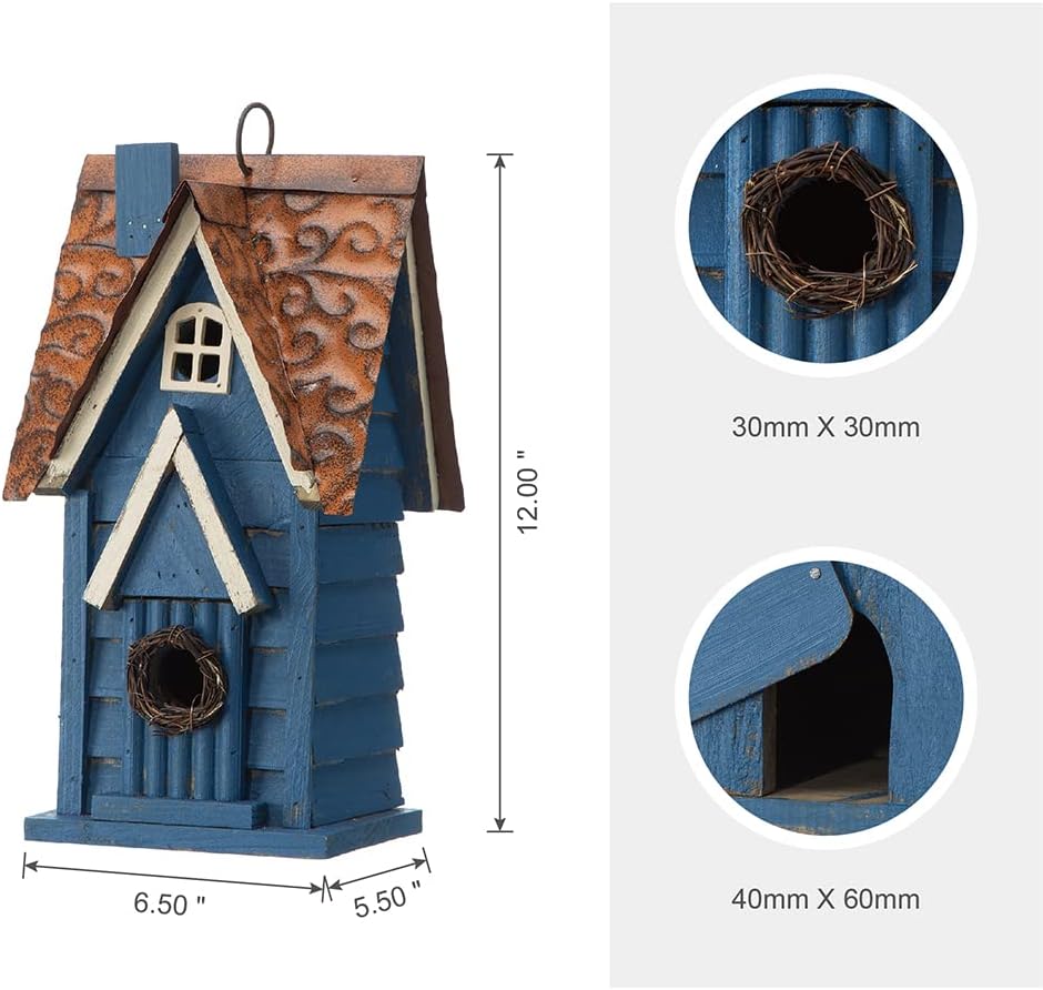Glitzhome 12" H Green Hanging Distressed Solid Wood Garden Bird House Decorative Birdhouse