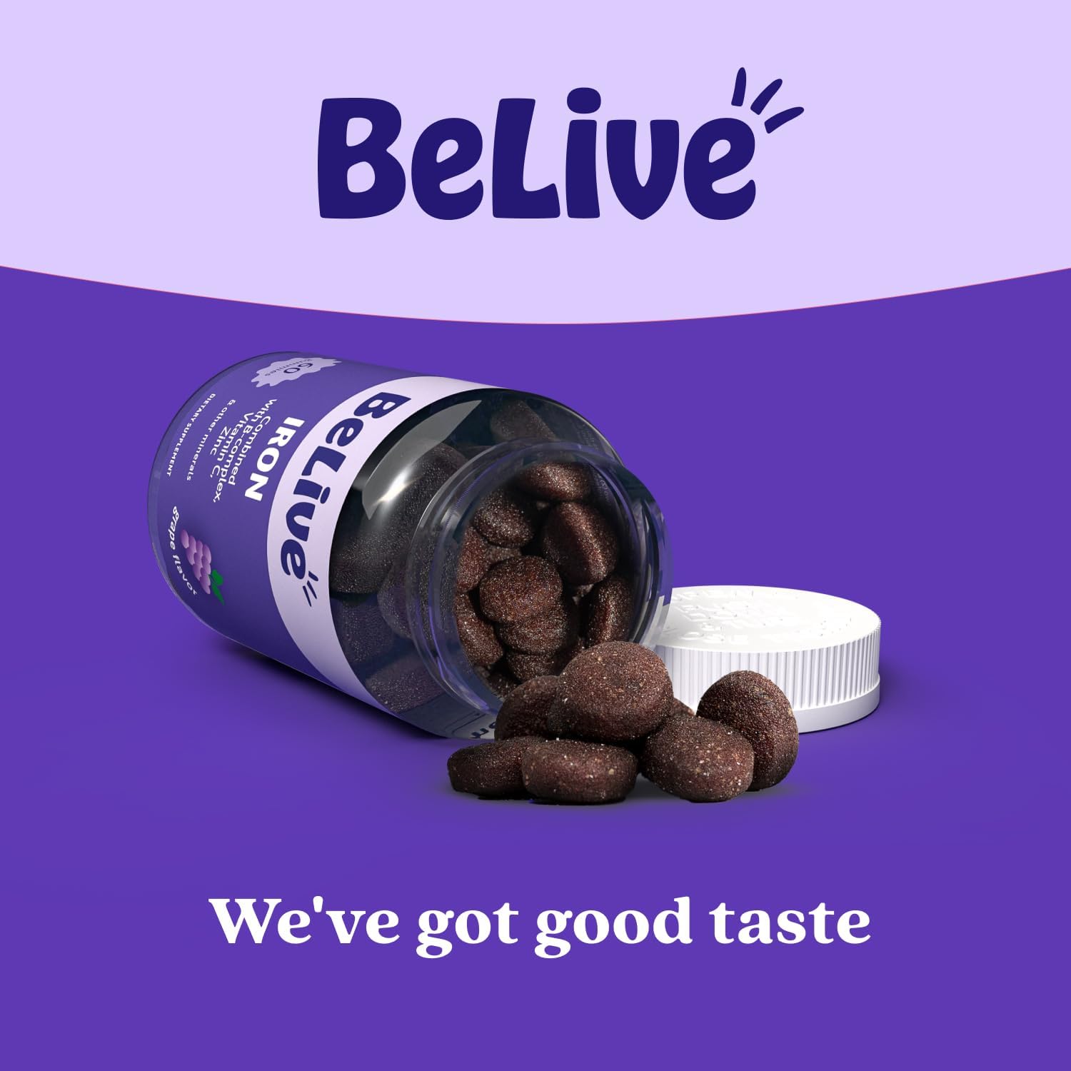 Belive Iron Gummies, Multivitamin Supplement, Blood Oxygen Support, 60 Ct | With Vitamin C, B Complex, Folate, and Zinc for Women, Men & Kids for Growth and Development, Grape Flavor