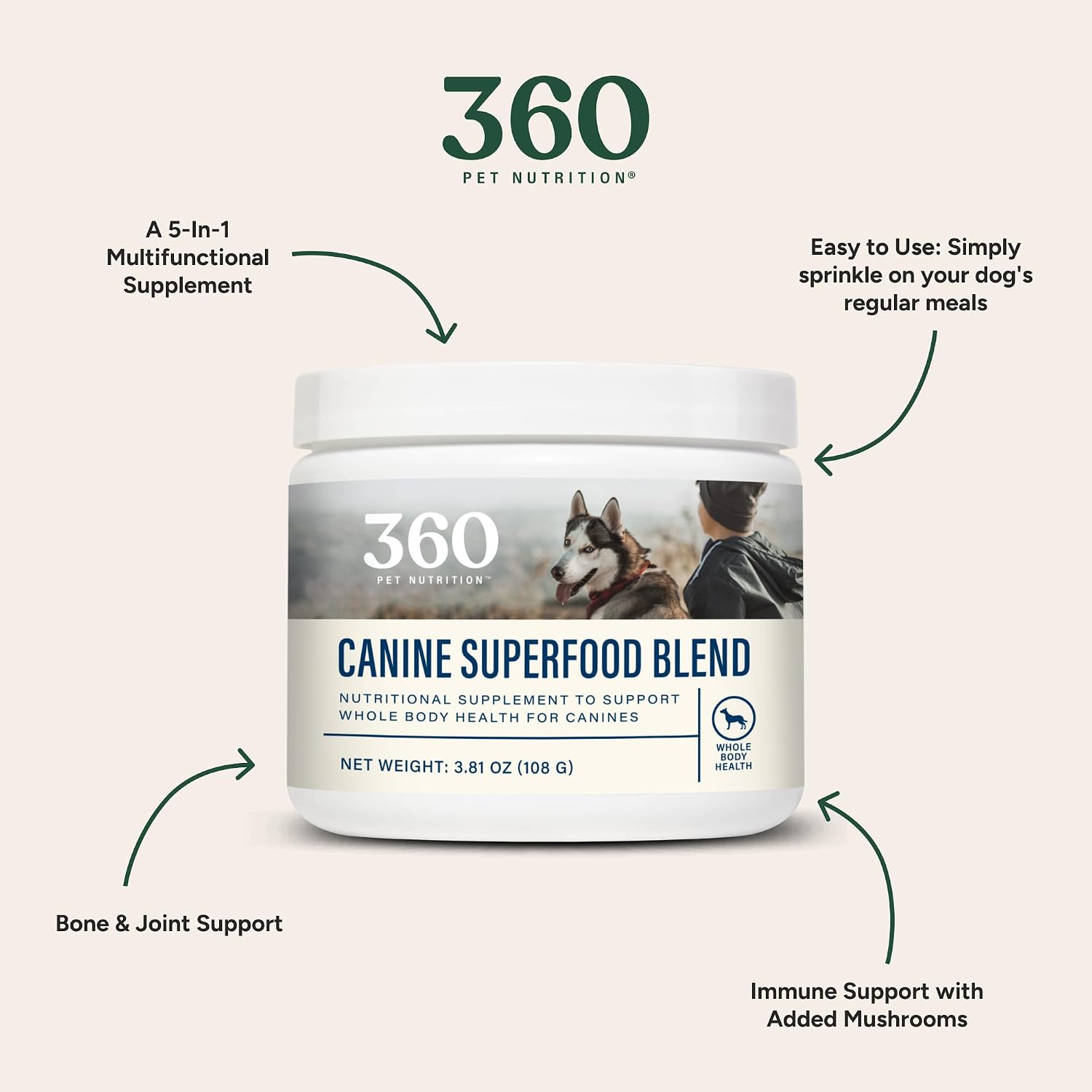 360 Pet Nutrition Canine Superfood Boost – All Life Stage Dog Meal Topper & Supplement, Supports Joint, Digestive & Immune Health, 30 Servings