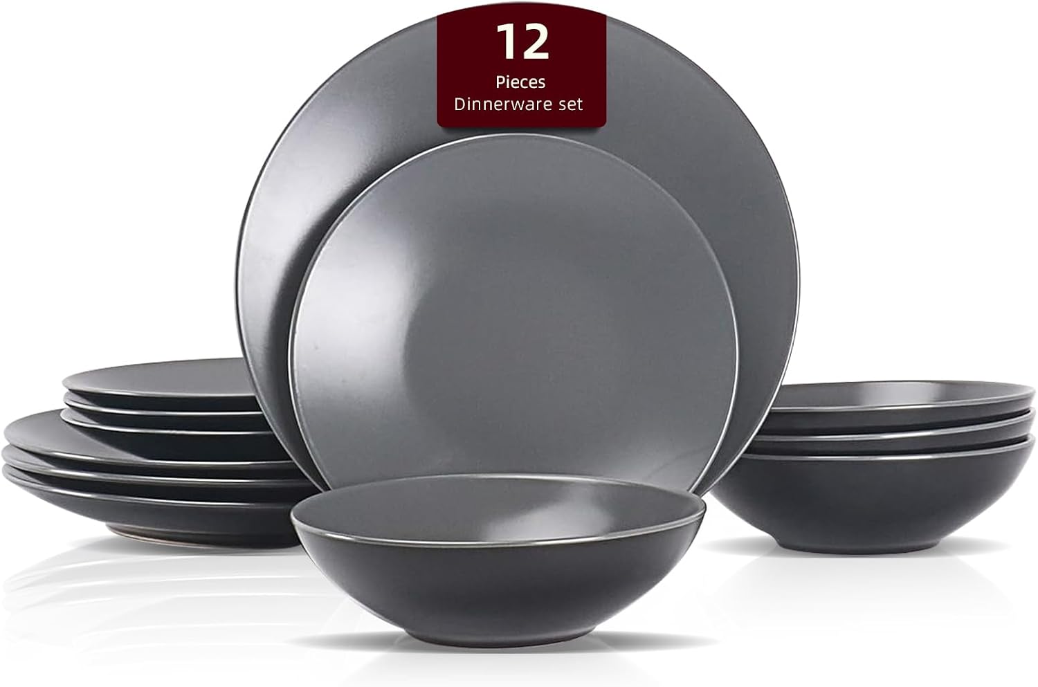 Stoneware Two-Tone Colors Life 16pc Dinner Set，Outside Shiny Black + Inside Matte Glaze Olive