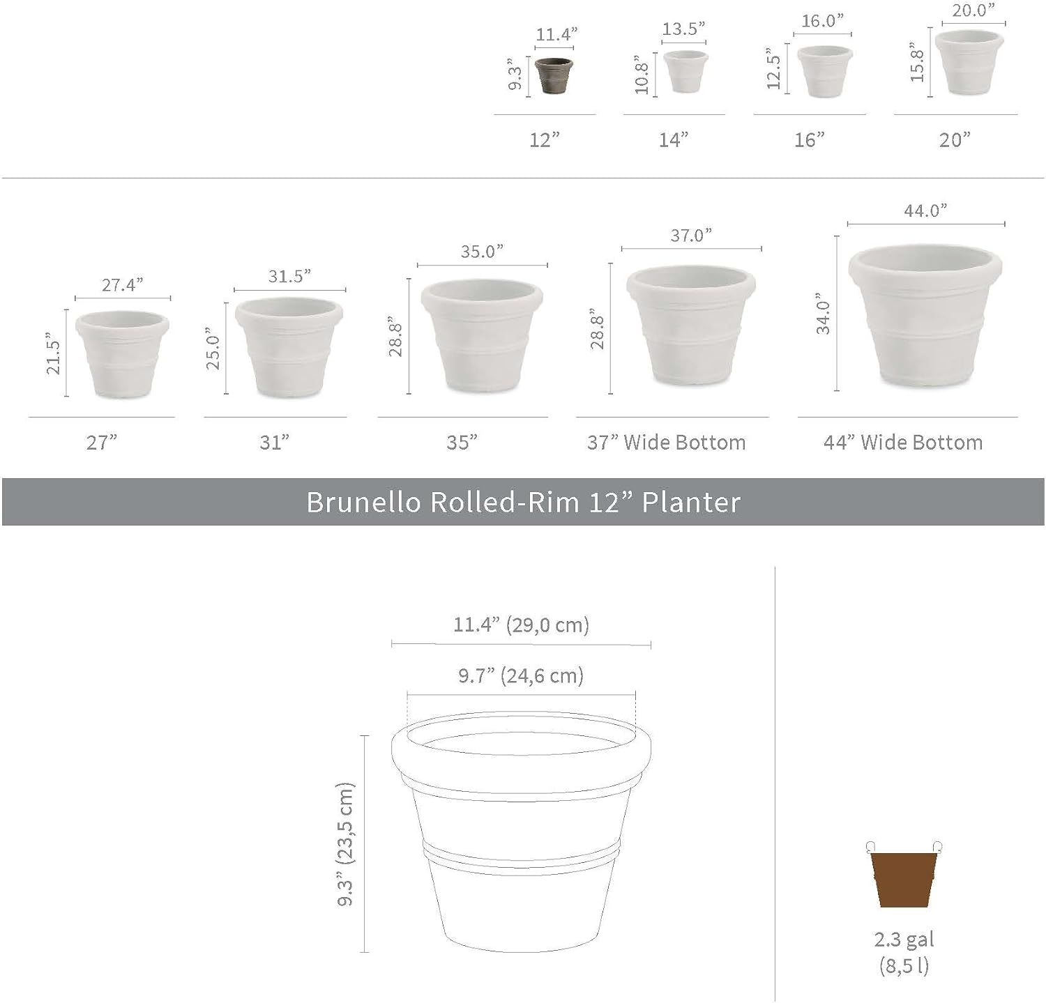 Crescent Garden Brunello Classic Gray Rolled Rim Planter Pot, Lightweight Indoor/Outdoor Weather-Safe Round Plant Pot, 27''W (Weathered Concrete)