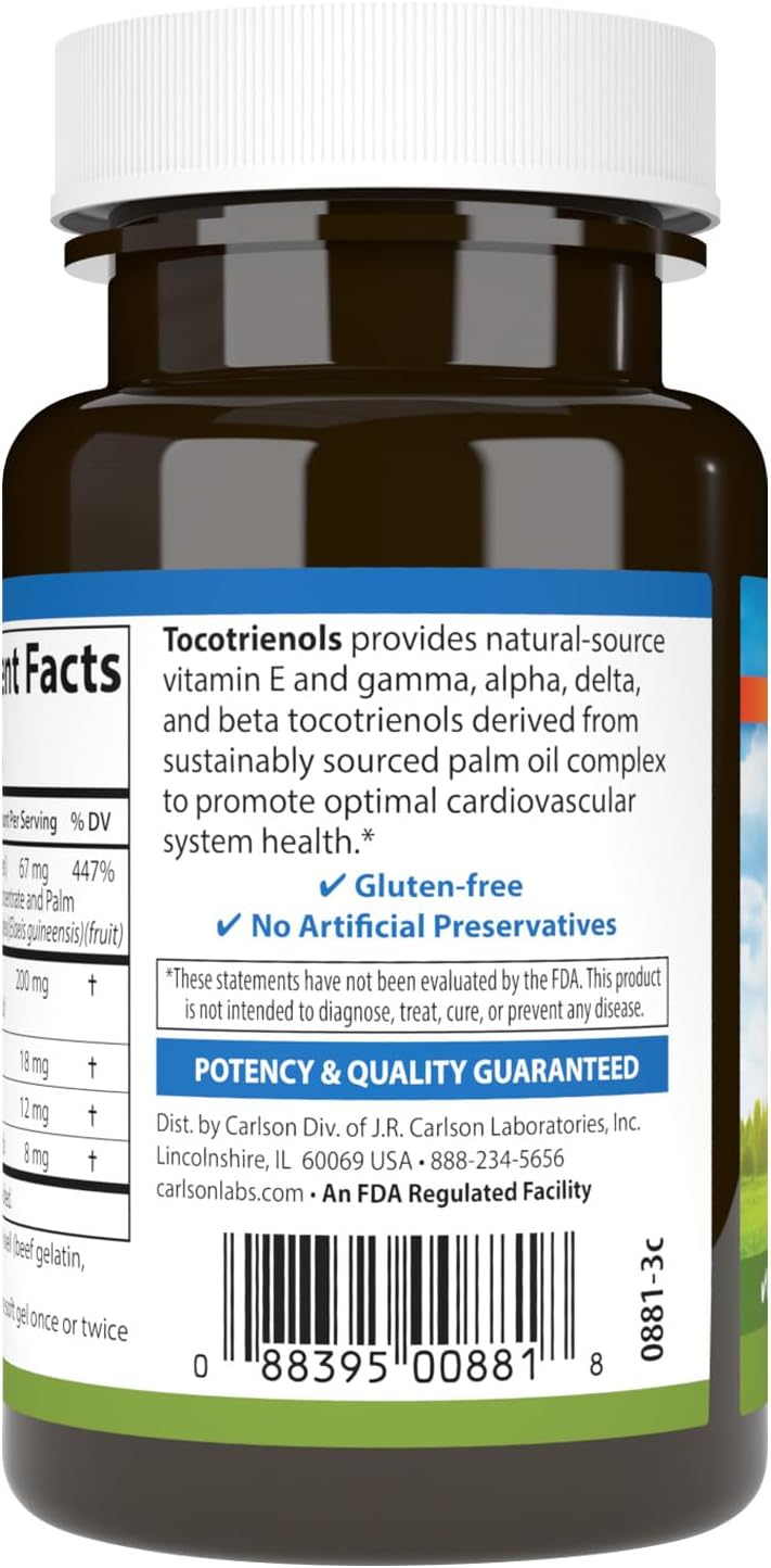 Carlson Tocotrienols, 40 mg, with Natural-Source Vitamin E, 30 Softgels | Gamma; Alpha; Delta; Beta; Sustainably Sourced