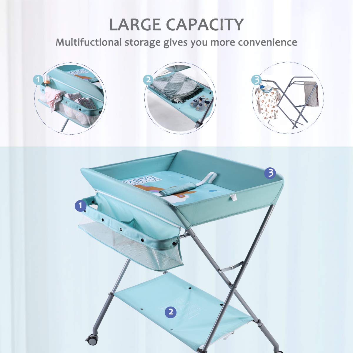 Baby Changing Table Portable Folding Diaper Changing Station with Wheels