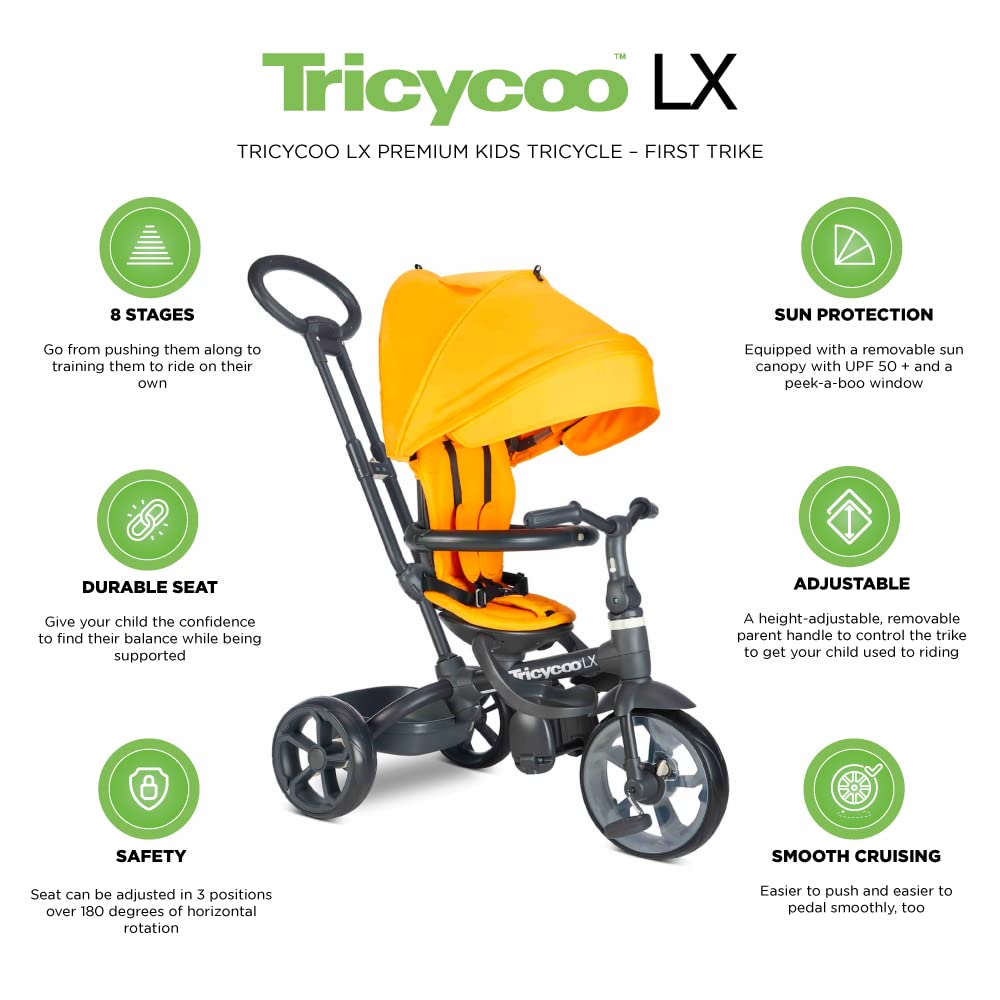 Joovy Tricycoo 4.1 Kids Tricycle with 4-Stages Featuring Extra-Wide Front Tire, Removable and Adjustable Parent Handle, Safety Harness