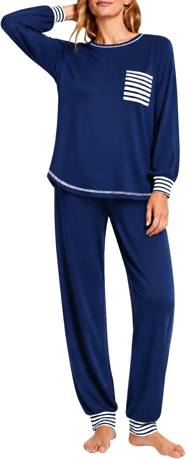 SWOMOG Women’s Pajamas Set Long Sleeve Sleepwear with Long Pants Soft Modal Loungewear Pj Set