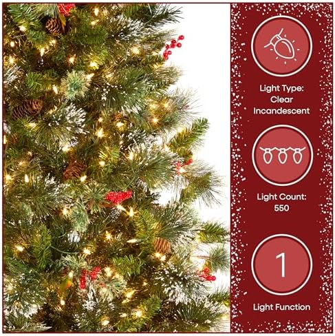 National Tree Company 7.5ft Pre-Lit Wintry Pine Medium Christmas Tree | 650 Clear Lights, 831 Tips, Flocked, Pinecones, Red Berries, Includes Stand, Green