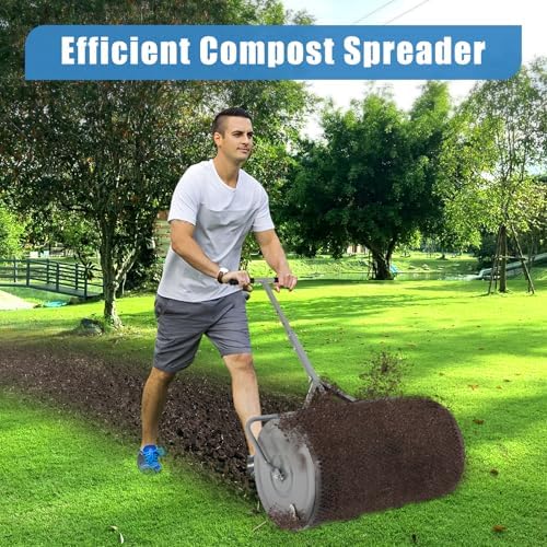 Dollate Large Compost Spreader for Lawn, 27" Spreader with Adjustble Handle Used in Garden Backyard, Durable Roller Spreader for Yard Work Grey