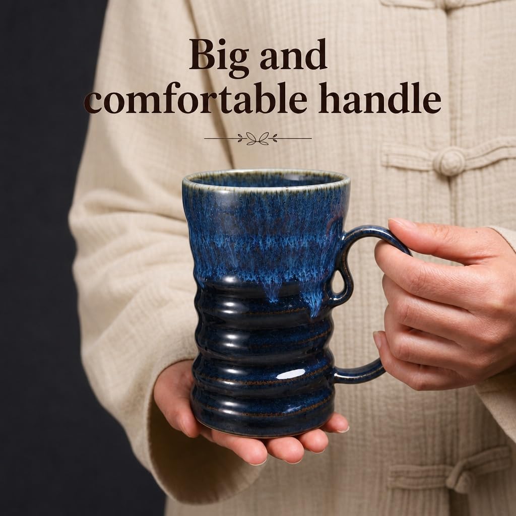 17oz Large Unique Cool Tall Handmade Ceramic Coffee Mug with Comfortable Big handle, Big Pottery Tea Mug, Artisanal Stoneware Coffee cup