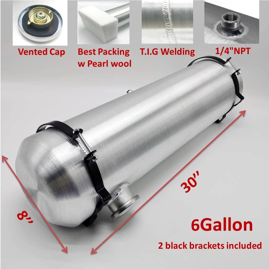 JSD 5 Gallons 8”x24“ Aluminum Spun Round Fuel Gas Tank Cell Fuel Tank with Bracket End Fill 1/4" NPT Outlet