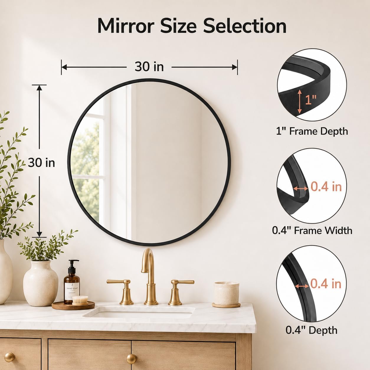 USHOWER Frameless Round Bathroom Mirror 24"