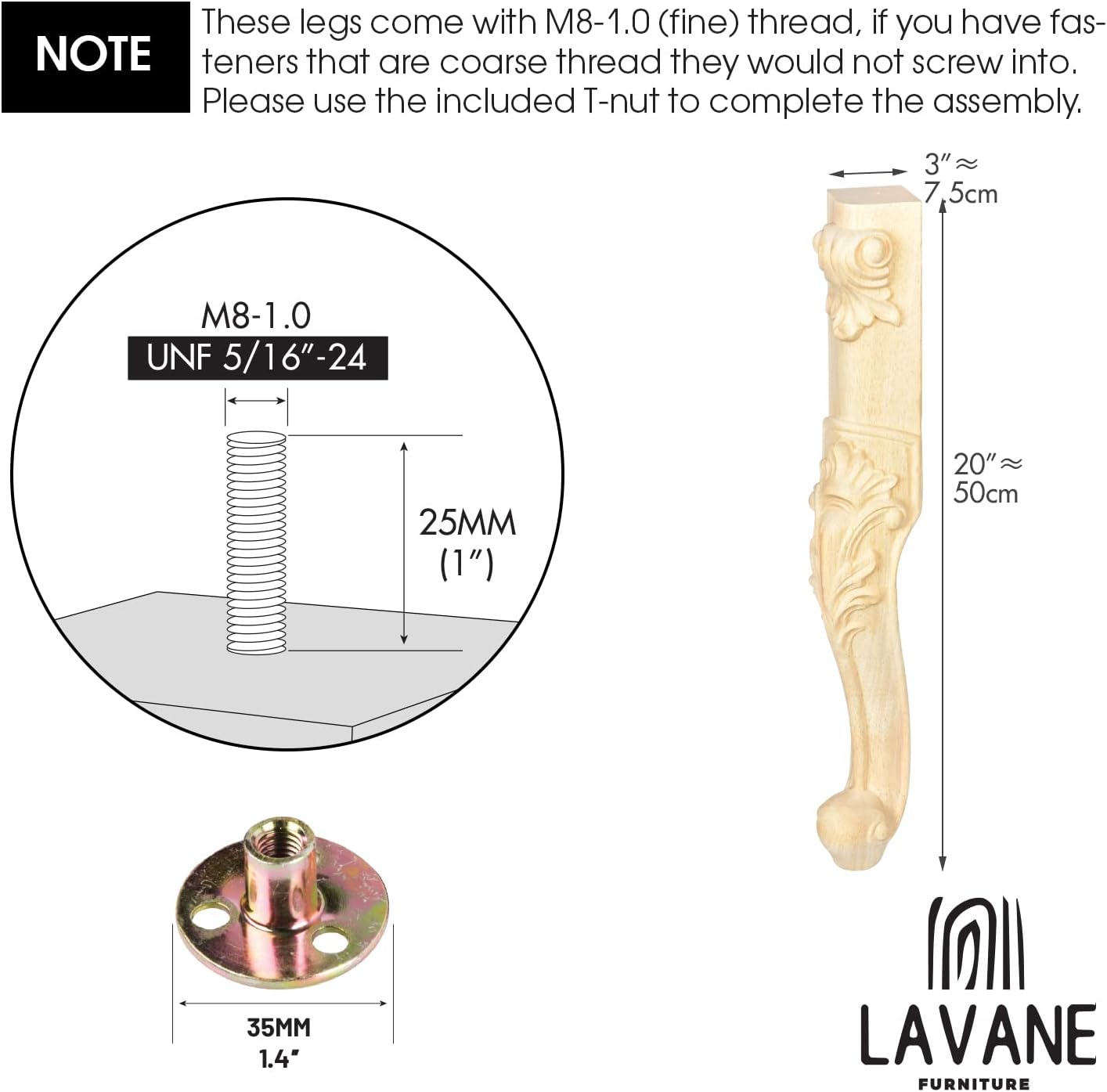 La Vane 6 inch / 15cm Wooden Furniture Legs, Set of 4 European Style Solid Wood Carving Furniture Replacement Feet Decoration for Sofa Cabinet Wardrobe Table Loveseat
