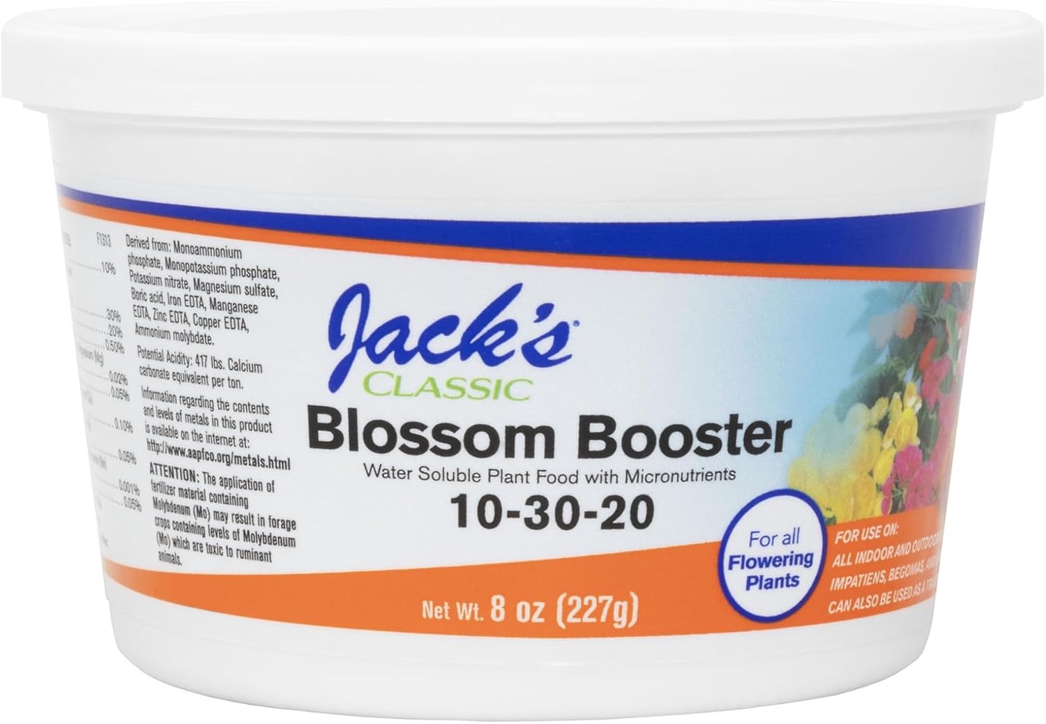 Jack's Classic 10-30-20 Blossom Booster Water-Soluble Fertilizer, 4lb | Powdered Plant Food, Targeted Micronutrient Package, Increases Bloom Color & Quantity, Liquid Root & Foliar Feeding