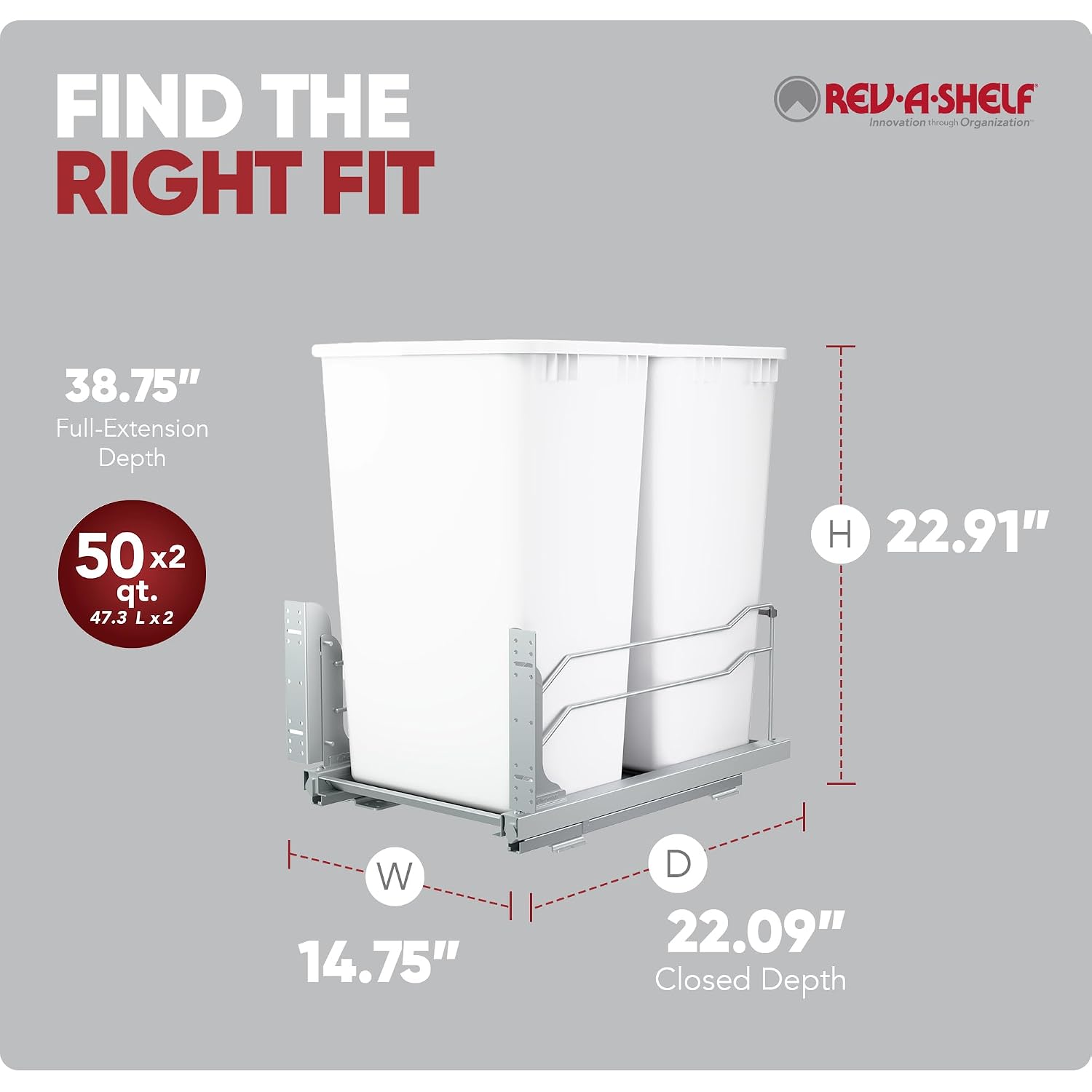 Rev-A-Shelf Double Pullout Trash Can w/Soft-Close Slides, 14.5" Min Opening | Large Capacity Garbage/ Recycling Bins for Full Height Kitchen Cabinets, Heavy Gauge Wire Construction, 53WC-2150SCDM-217