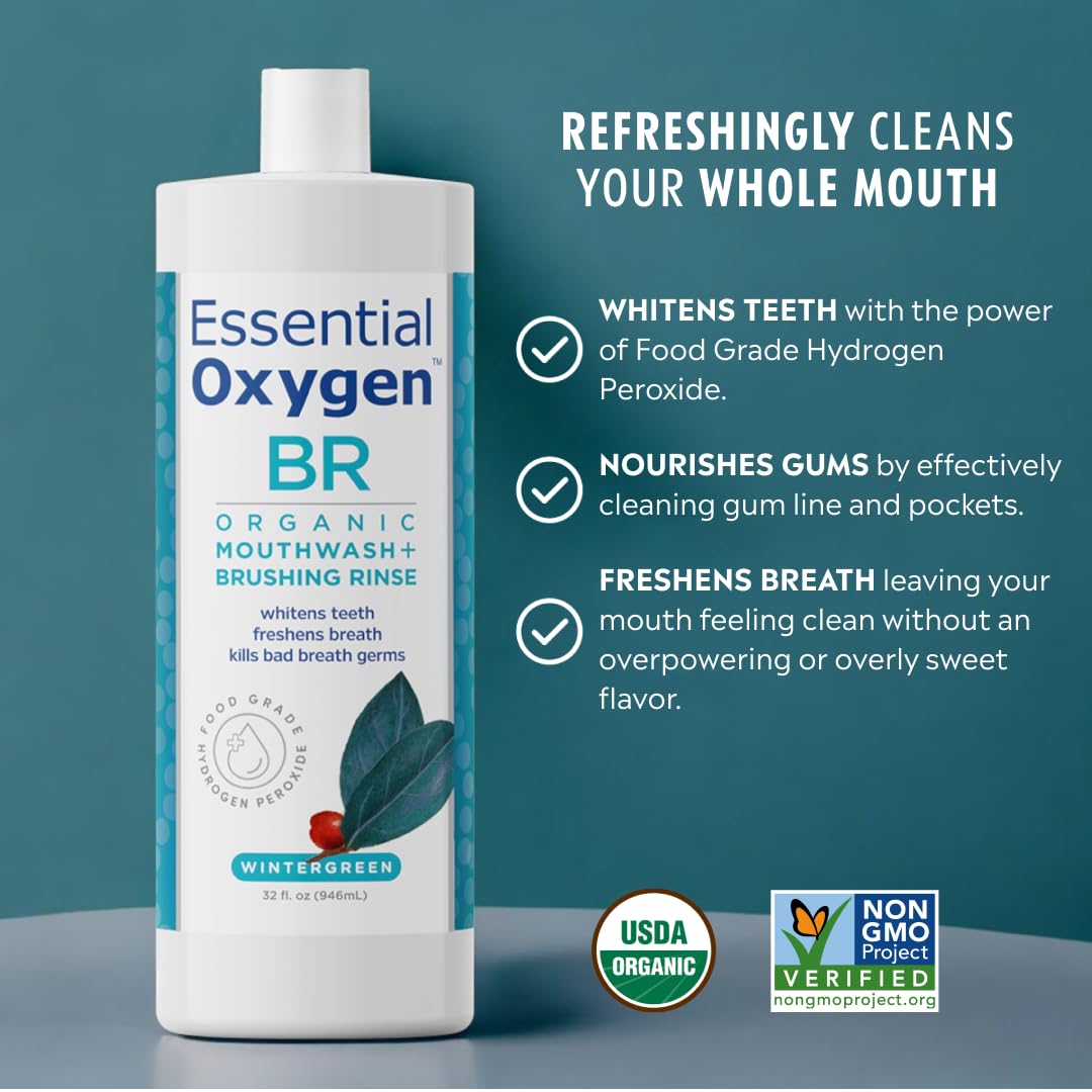 Essential Oxygen Certified BR Organic Brushing Rinse, All Natural Mouthwash for Whiter Teeth, Fresher Breath, and Happier Gums, Alcohol-Free Oral Care, Peppermint, 16 Ounce, Package may vary