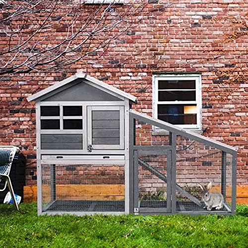 Tangkula Rabbit Hutch Indoor Outdoor, Wooden Chicken Coop, Bunny Hutch with Run, Ventilation Door, Removable Tray, Ramp, Sunlight Panel