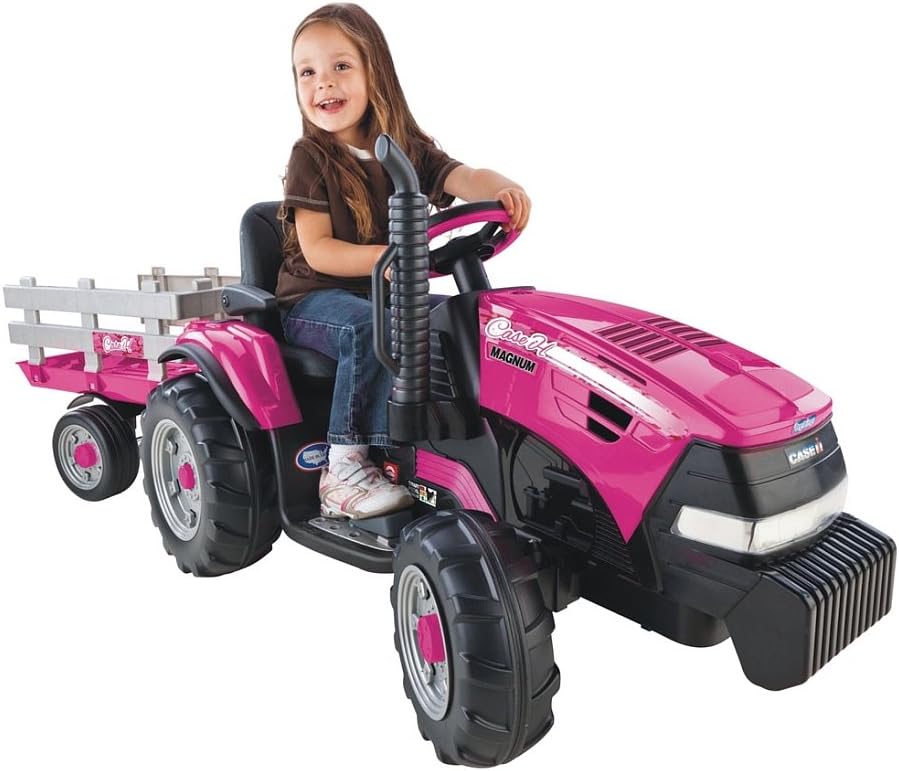 Peg Perego Case IH Magnum Tractor and Trailer Extra-Large 12 Volt Ride on, Pink. Durable Design for Kids Ages 3-7