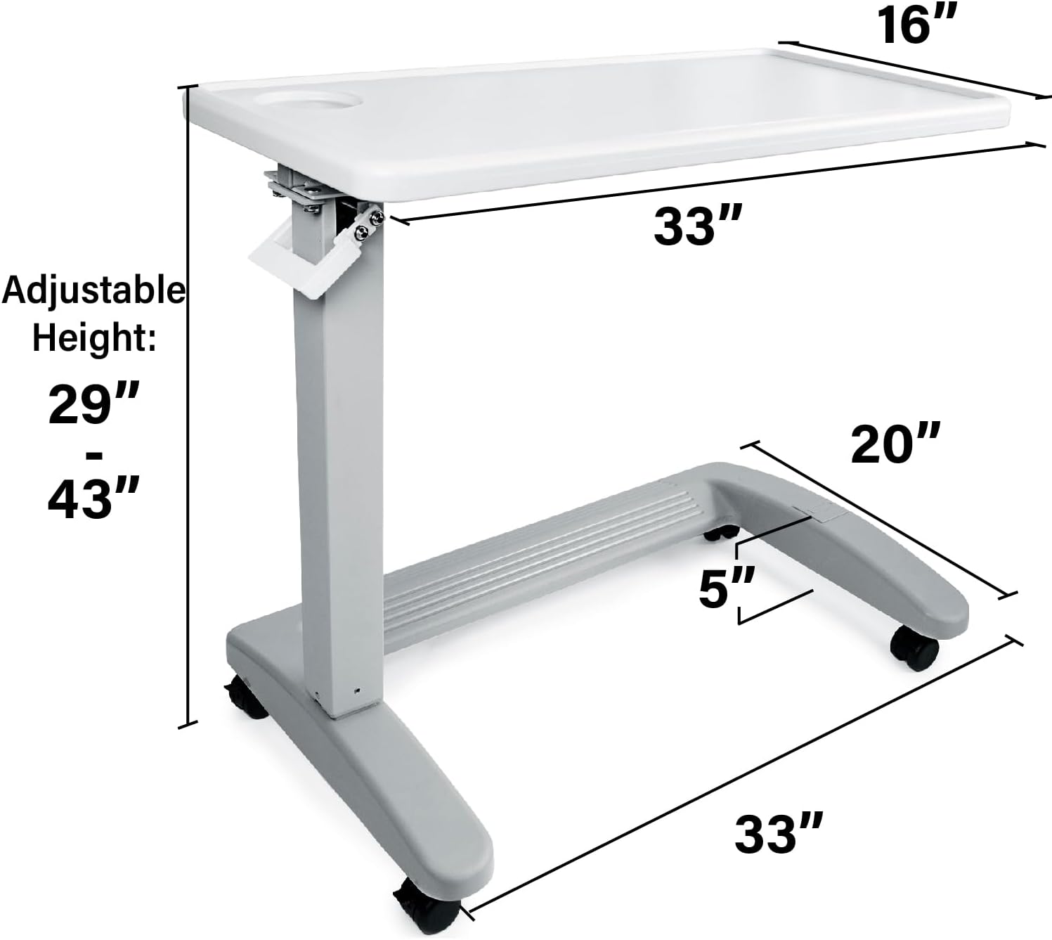 Vaunn Medical Adjustable Overbed Exam Bedside Table with Wheels (Hospital and Home Use), New Tabletop, Light Gray