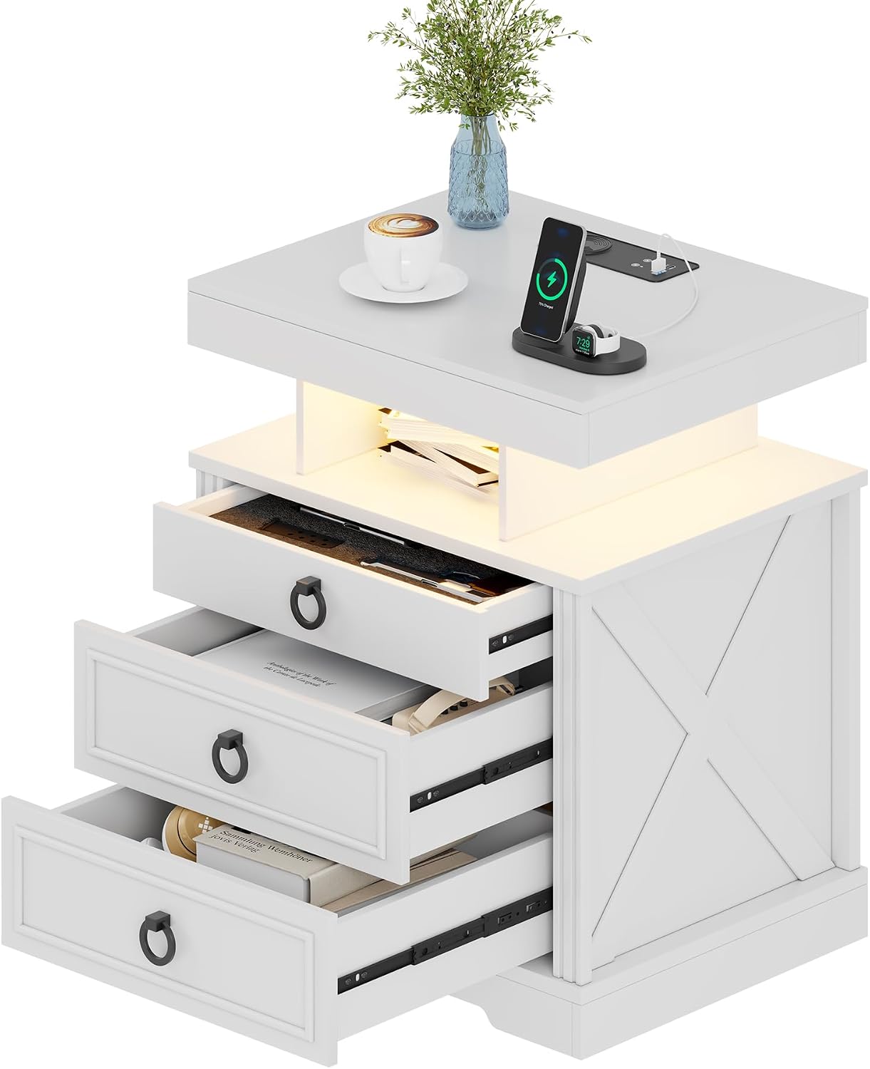 Smart LED Nightstand with Lockable Gun Drawer & Glass Top（Black） | Modern Bedside Table with Charging Station and Hidden Storage, LED Night Stand with 4 Drawers & Motion Sensor for Bedroom