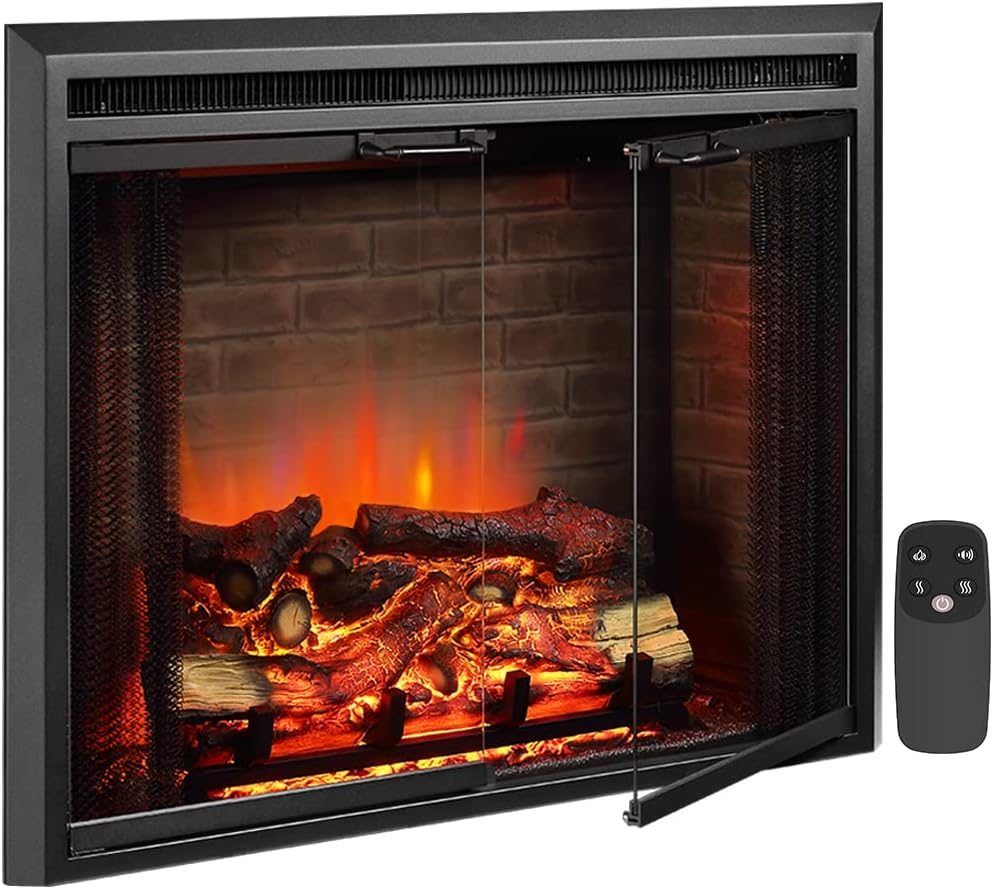 PuraFlame Klaus Electric Fireplace Insert with Fire Crackling Sound, Glass Door and Mesh Screen, 750/1500W, Black, 29 15/16 Inches Wide