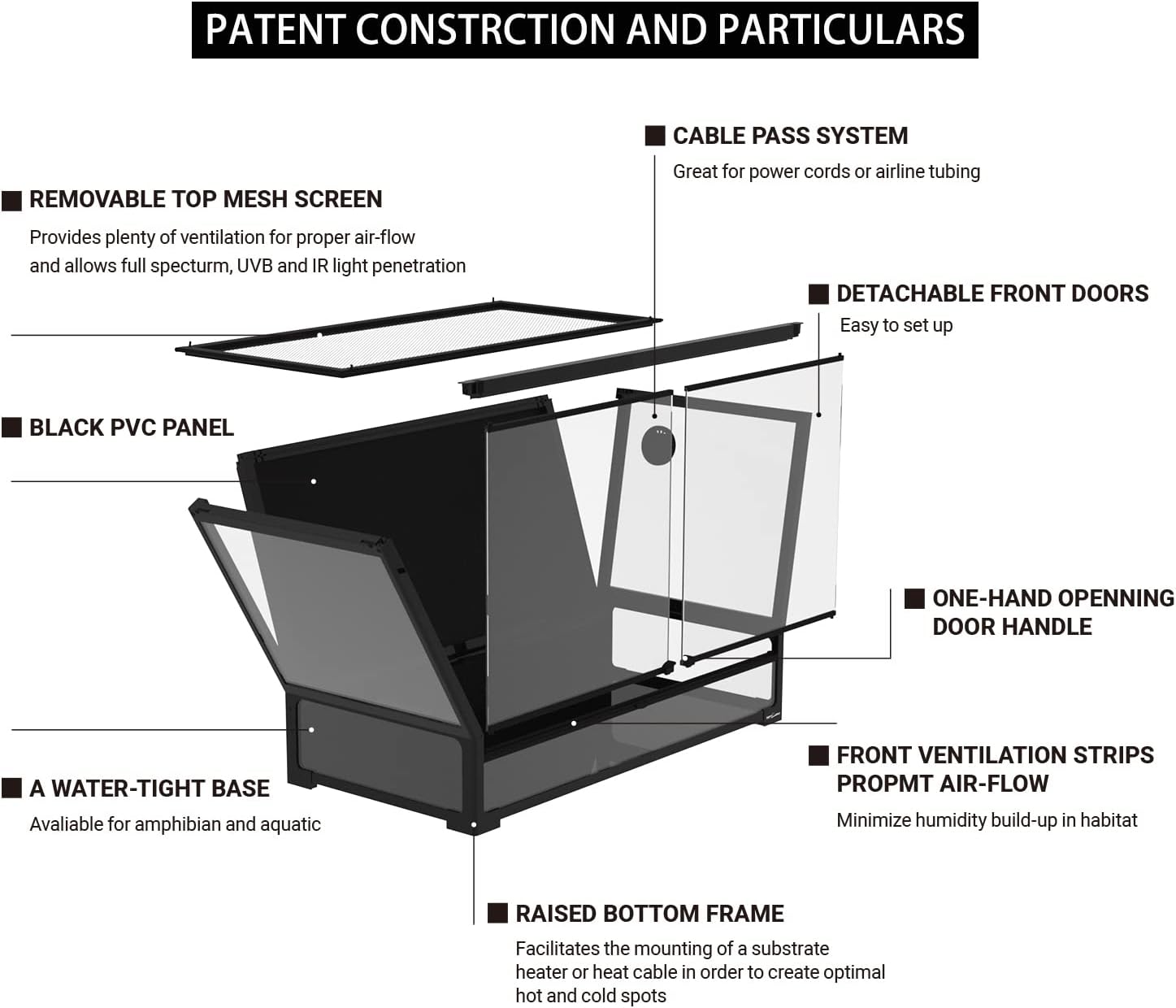REPTI ZOO 85 Gallon Large Reptile Tank, Wide & Tall Tempered Glass Large Reptile Terrarium 47.2" x 17.7"x 23.6" for Tortoise Snake