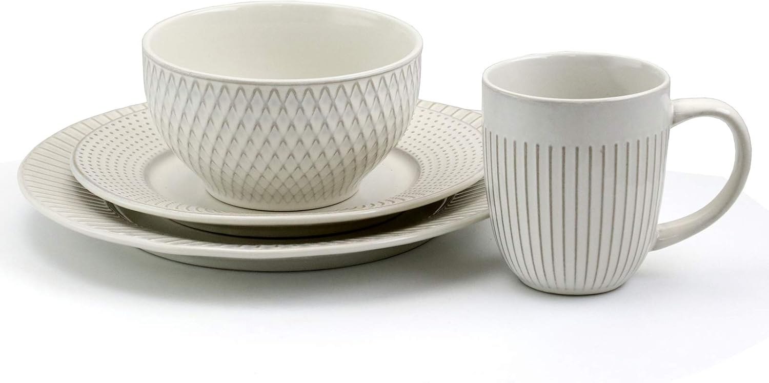 Elama Market Finds 16 Piece Round Stoneware Dinnerware Set in Embossed White