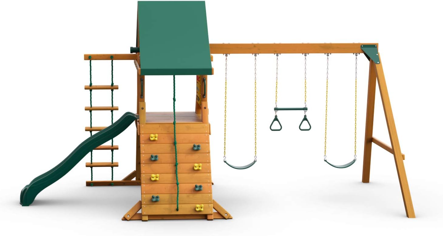 Gorilla Playsets 01-1059-AP High Point Wood Swing Set with Green Vinyl Canopy, Two Swings, Rock Climbing Wall, Slide, Amber