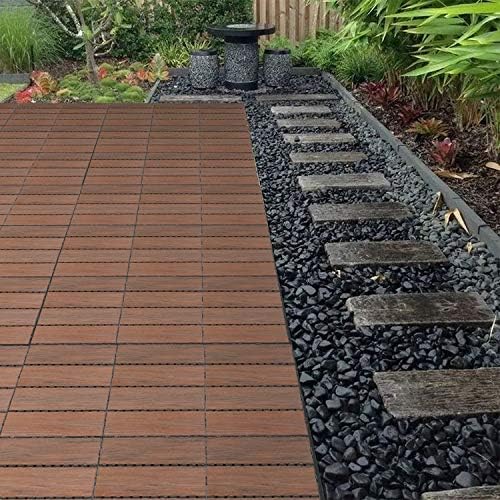 ECOOPTS 12"x12" Interlocking Deck Tiles Patio Floor Tiles Outdoor Flooring Wood Deck Tiles for Porch Balcony Backyard, 9 Slat x 15 Boxes, Brown
