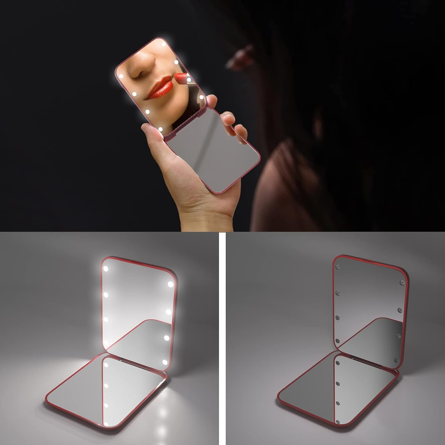 Kintion Pocket Mirror, 1X/3X Magnification LED Compact Travel Makeup Mirror with Light for Purse, 2-Sided, Portable, Folding, Handheld