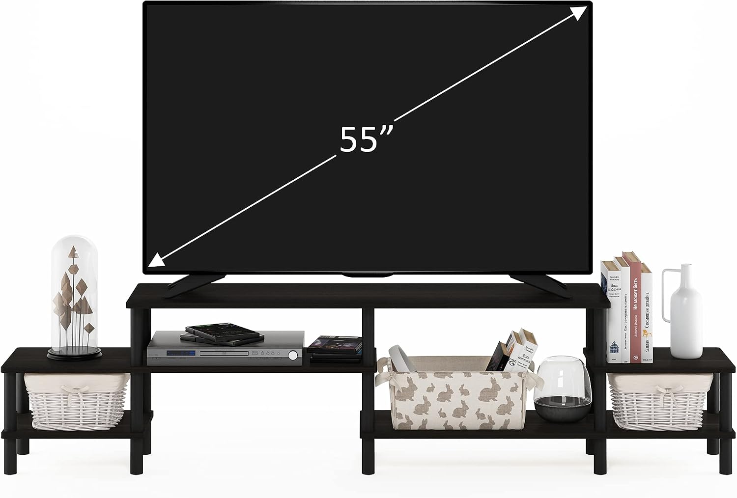 Furinno Nelly TV Stand, 3-Tier Entertainment Center with Open Shelves Storage, TV Console for TV up to 55 Inch, Soft Edges, for Living Room, Bedroom, Black