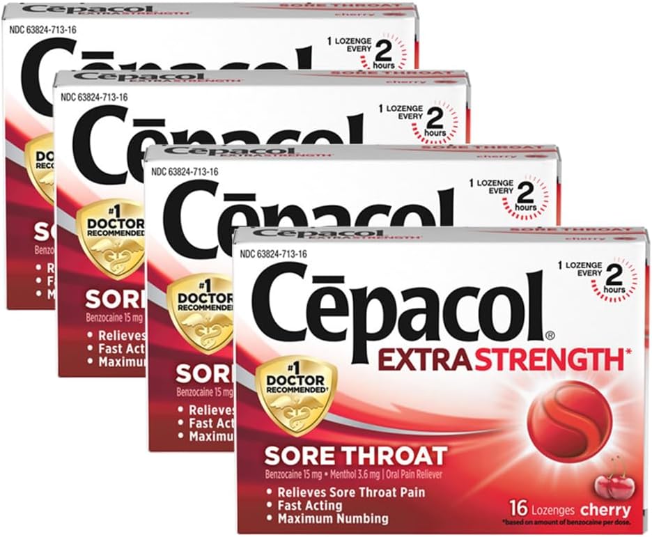 Cepacol Extra Strength Sore Throat & Cough Relief Lozenges, 16 Count, Mixed Berry Flavor, Maximum Numbing, Fast Acting Relieves Sore Throat Pain, and Quiets Cough (Pack of 4)