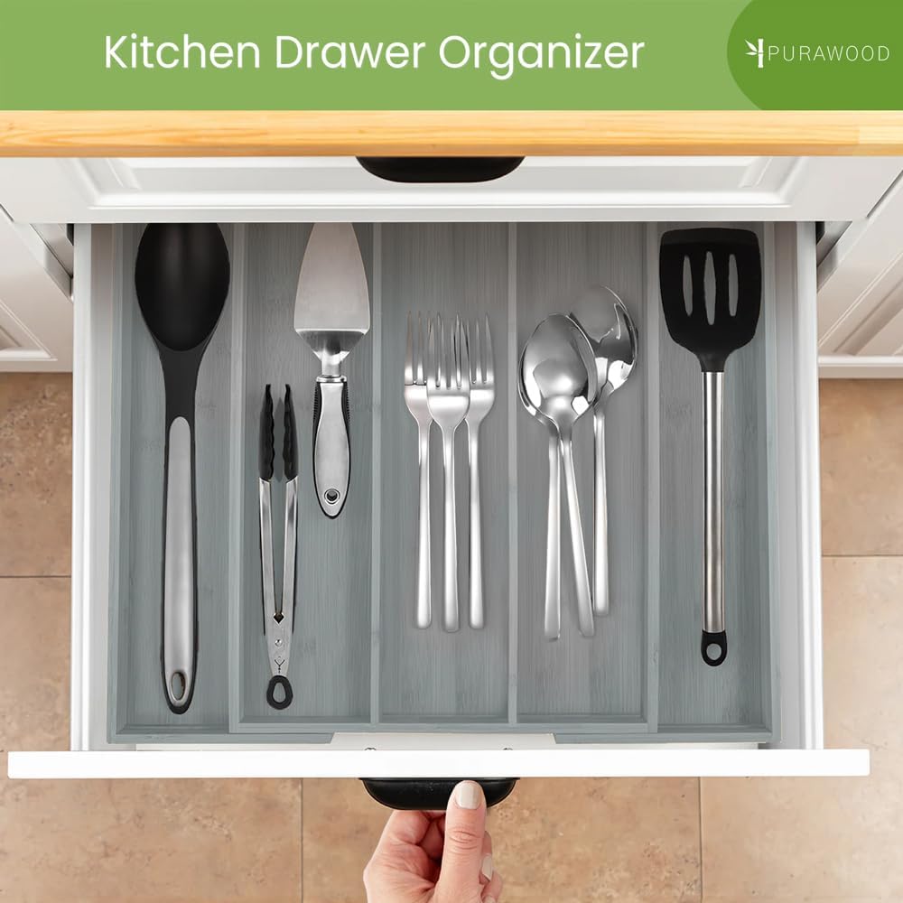 Purawood Kitchen Drawer Organizer - Expandable Utensil Drawer Organizer for Kitchen, Cutlery Tray & Silverware Organizer