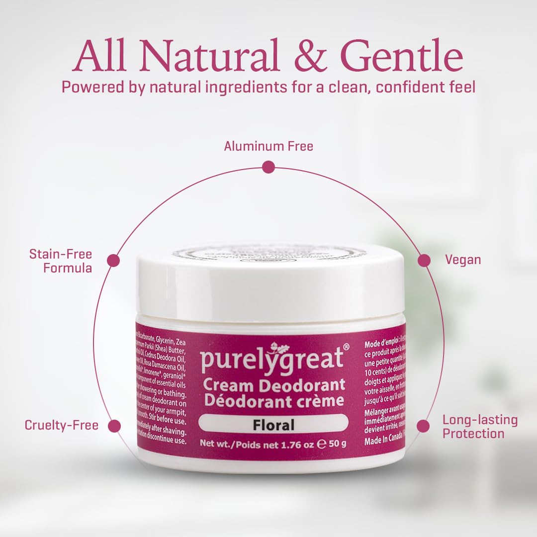 Purelygreat Natural Unscented Cream Deodorant for Women & Men | Aluminum Free Deodorant Women & Men | Vegan & Long Lasting Odor Control | Chemicals, Parabens, BPA & Cruelty Free | 1.76 oz