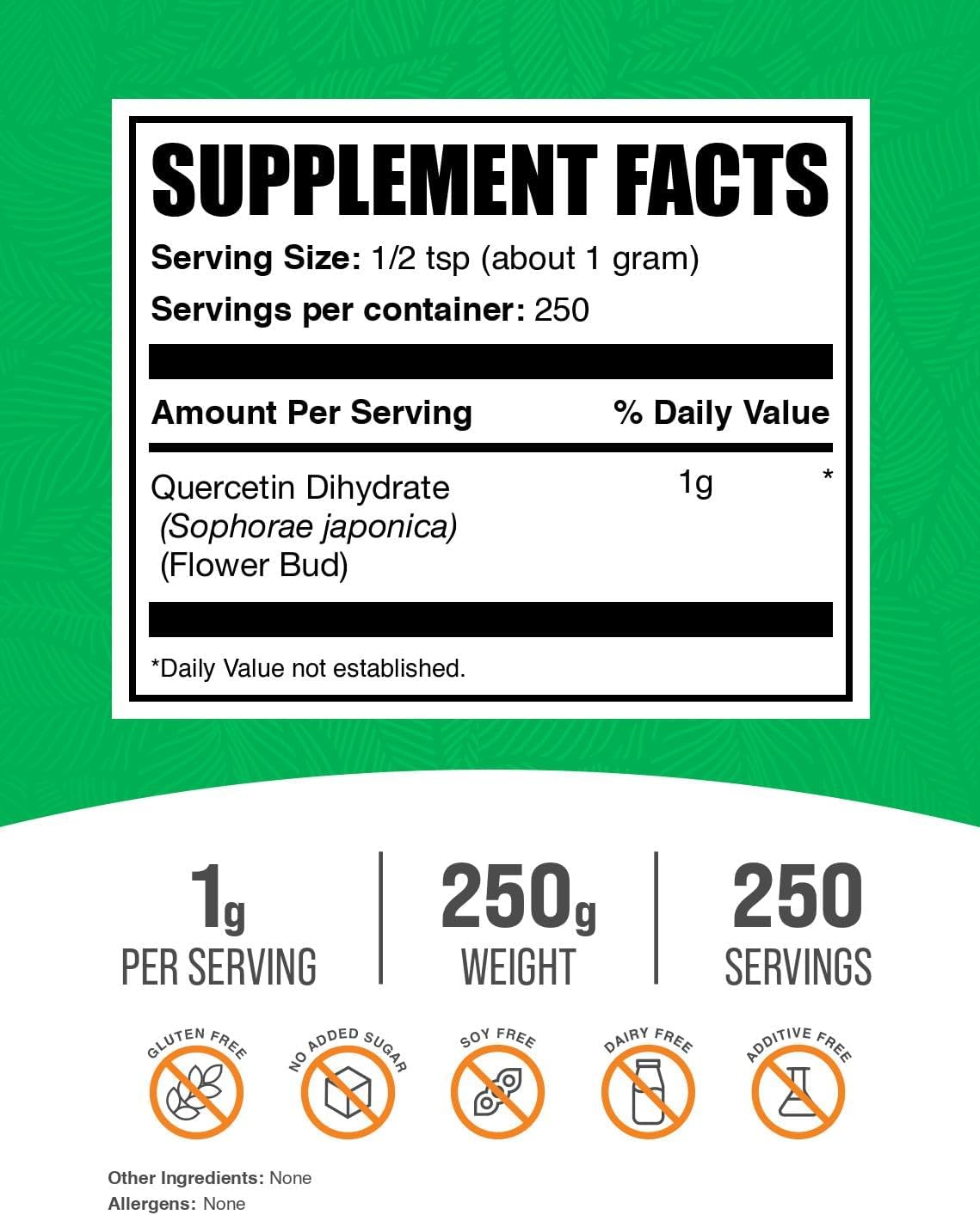 BulkSupplements.com Quercetin Dihydrate Powder - Quercetin Supplements, Antioxidants Source - Vegan & Gluten Free, 1g per Serving, 250g (8.8 oz) (Pack of 1)